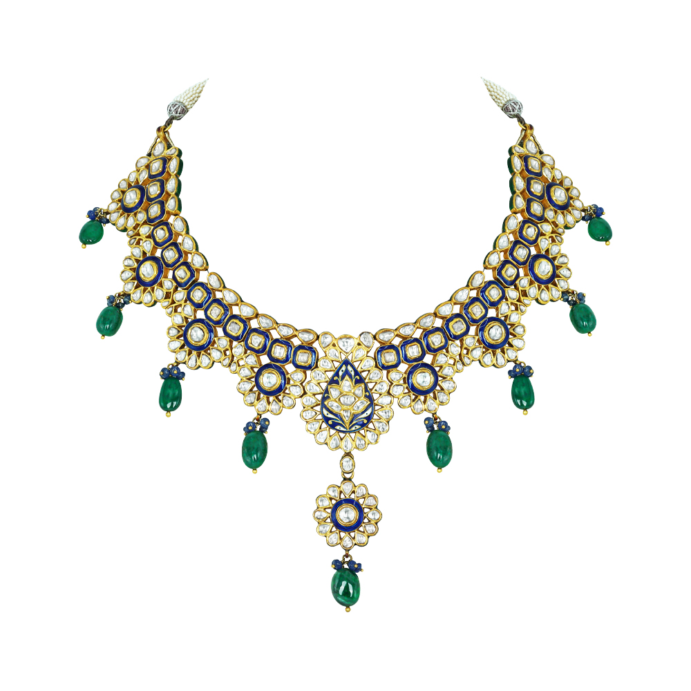Blue Enamel Polki Necklace with Floral Pendant and Emerald Drops